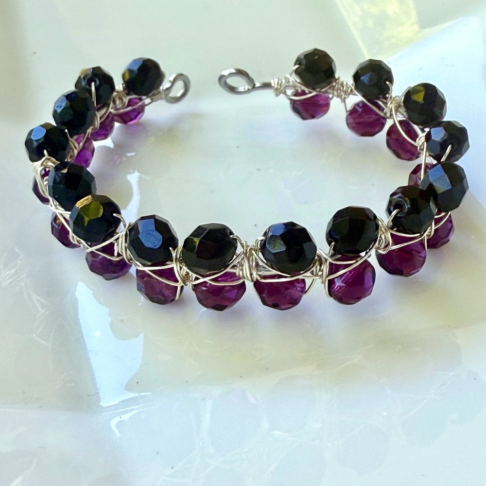 Purple & Black Faceted Beaded Open Bangle Cuff
